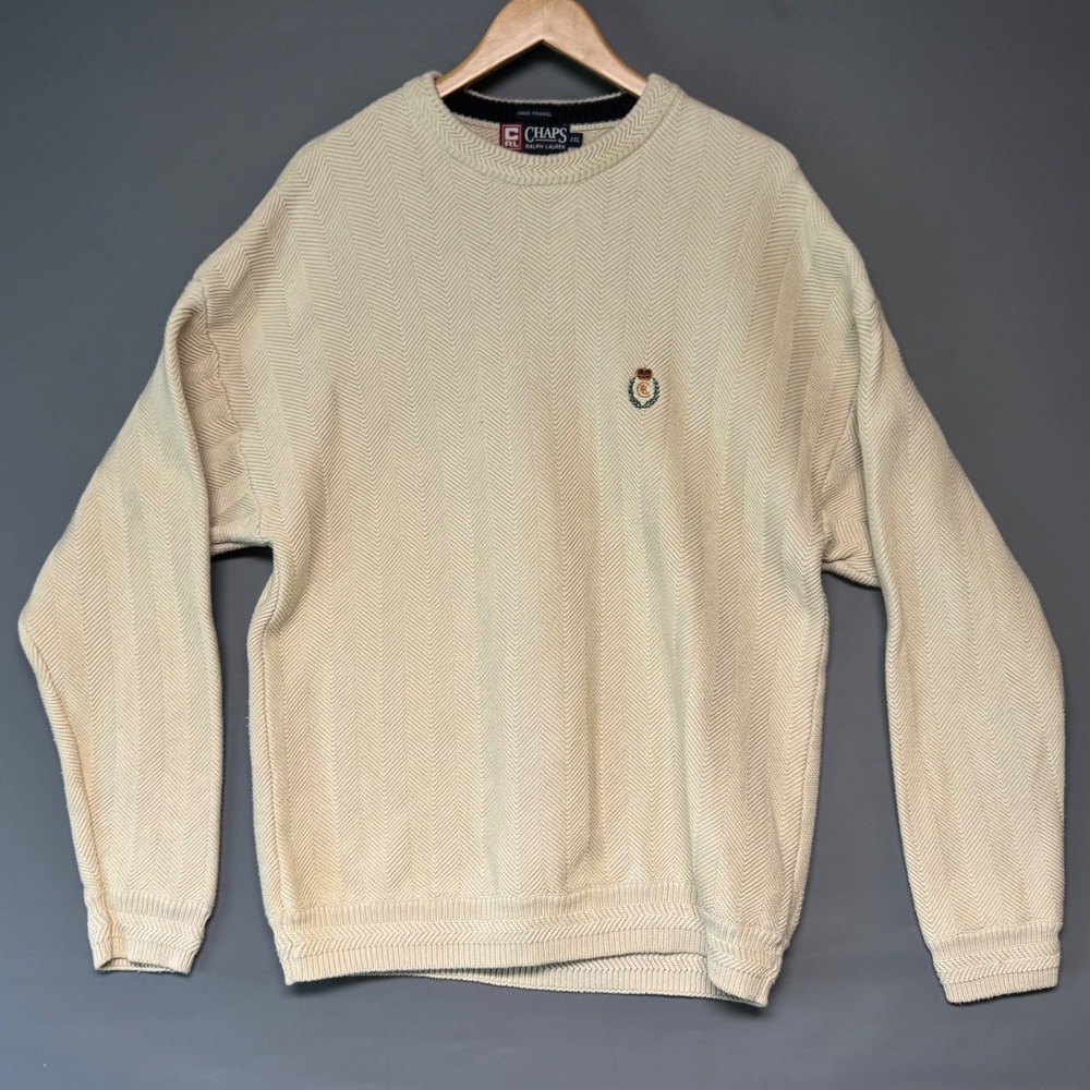 Chaps Ralph Lauren Mens XXL Cream Herringbone Knit Crest Logo Sweater Vintage